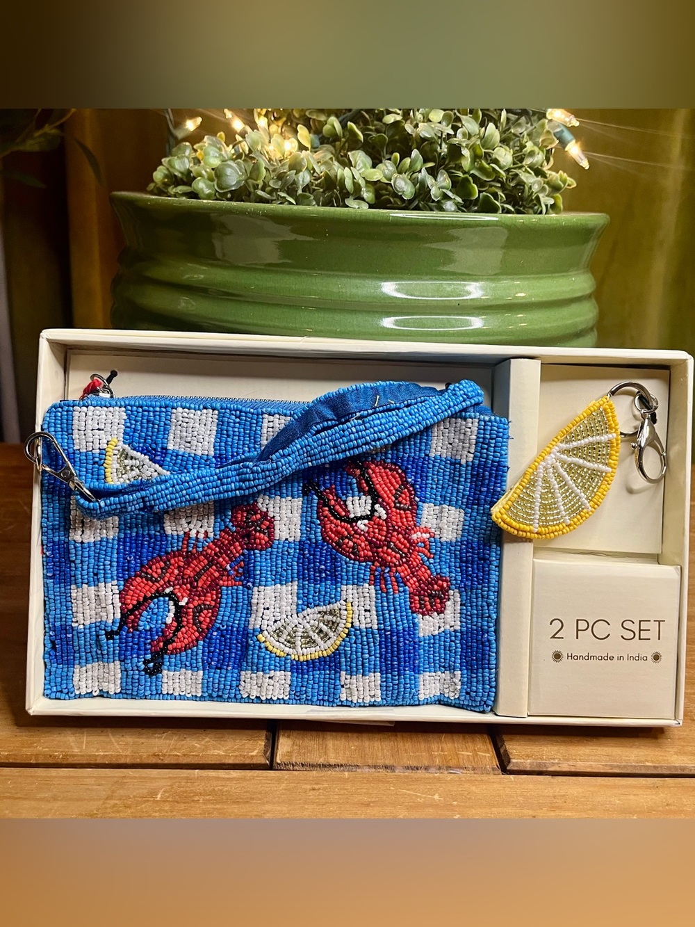 NIB Viral Sol & Mer Beaded Lobster & Lemon 2pc Gift Set-Gingham Wristlet
